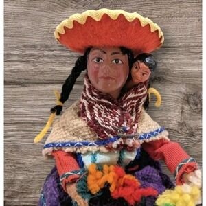 Peruvian String Doll Folk Art Handcrafted Woman Woven Baby Child Wearing Vtg 9"